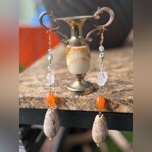 OLIVE Shell HAND crafted ARTISAN Carnelian Crackle Quartz Larimar Long Earrings